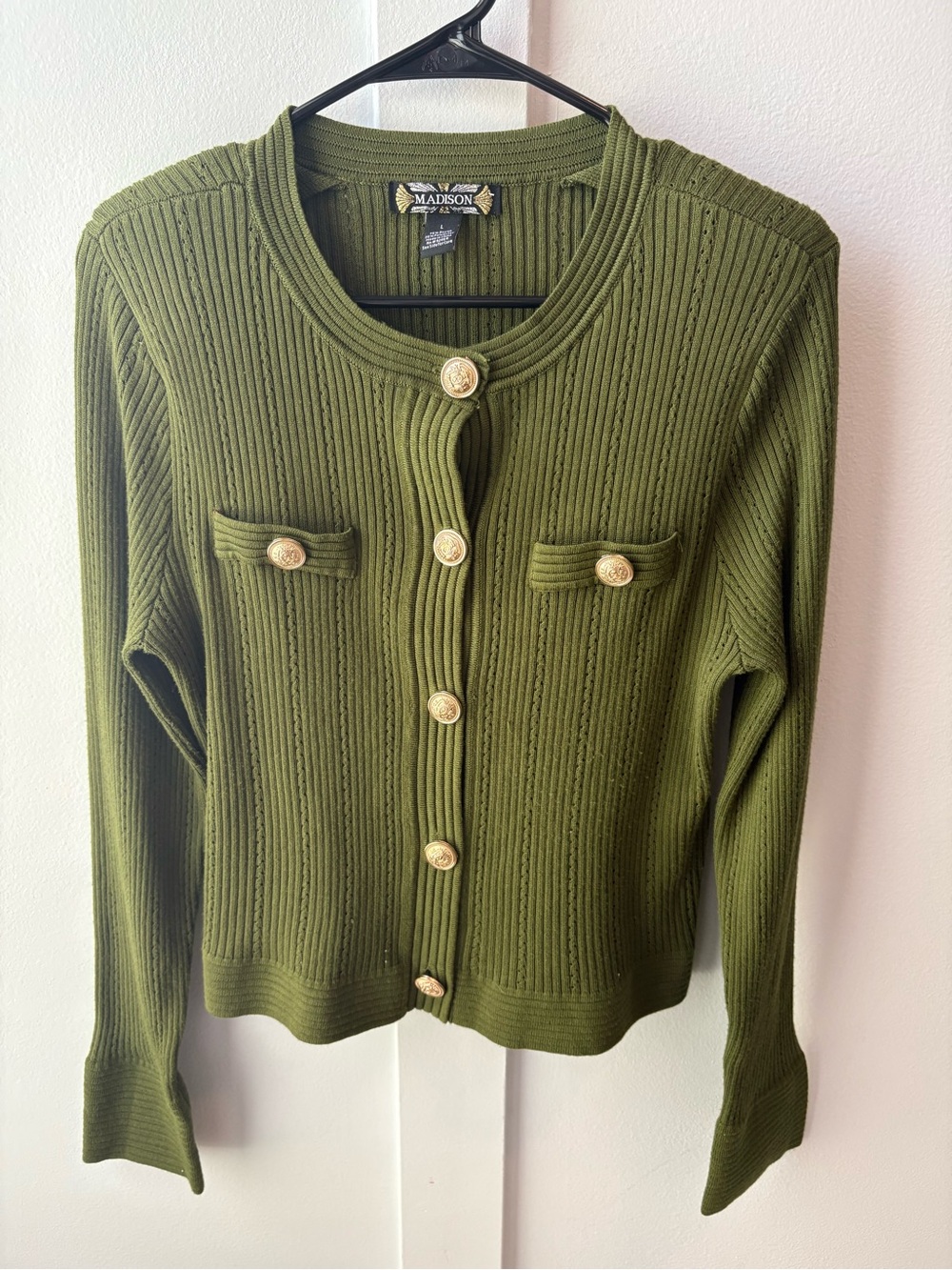 Madison Olive Green Ribbed Cardigan with Gold Buttons Large
